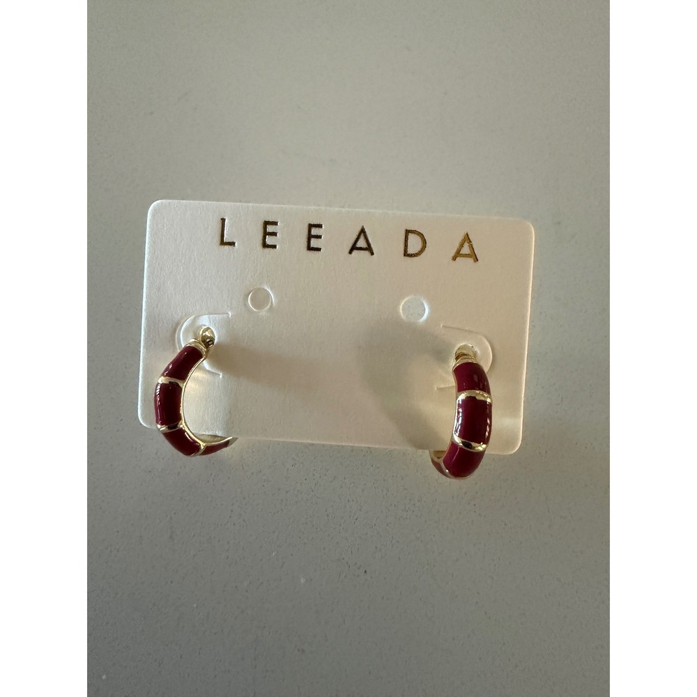 Leeada Mini Maroon Hoop Earrings Gold Red 1/2" New